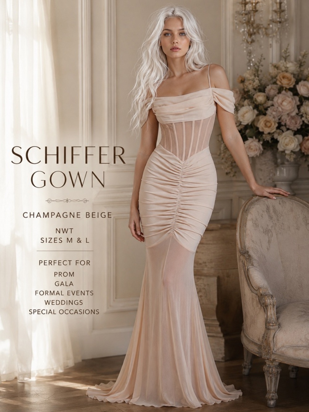 Schiffer Corset Mesh Gown Champagne Beige Size Medium NWT